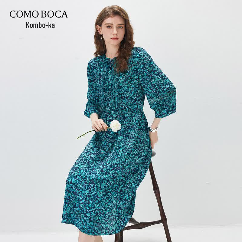 Komong Boca Floral Mulberry Silk Midi Dress L