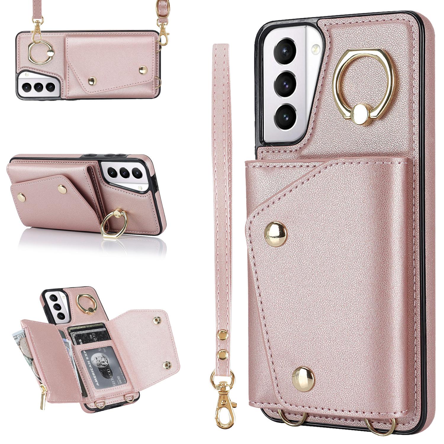 

For Samsung Galaxy S21+ 5G Zipper Wallet Ring Kickstand Case PU Leather Coated TPU Phone Cover Rose Gold