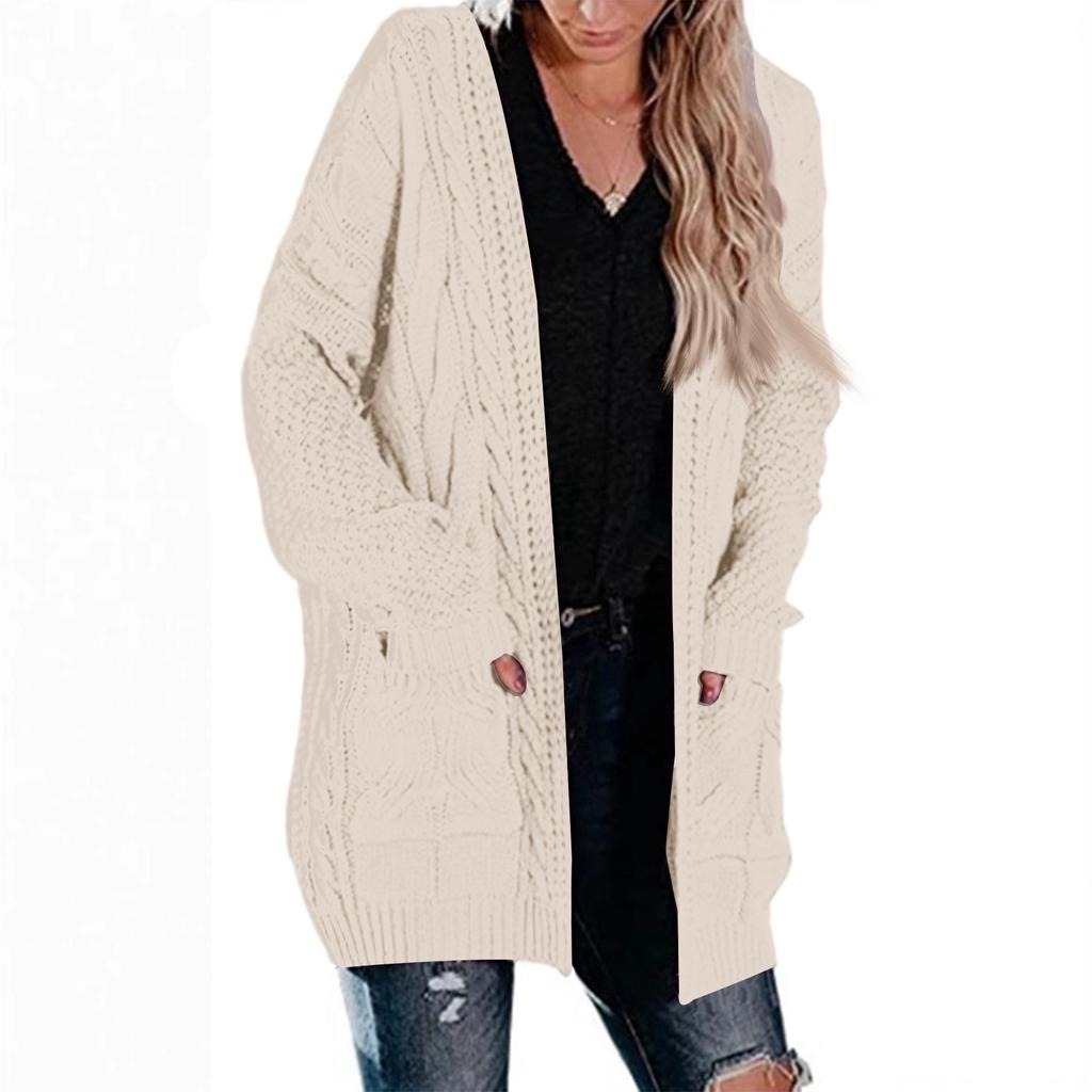 Women's Mid-Length Cable Pocket Knit Cardigan Sweater