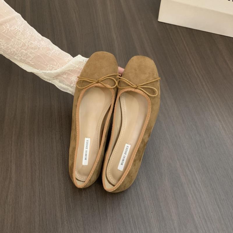 French inner heightening suede ballet single shoes women's shoes 2026 new spring and autumn bow red evening shoes