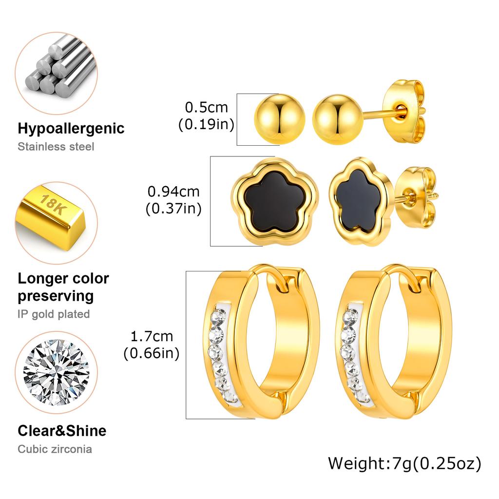 Vnox Trendy 3pcs/Set Cute Shell Butterfly Stud Earrings for Women Gold Plated Black Acrylic Flower Rhinestones Set Ear Jewelry