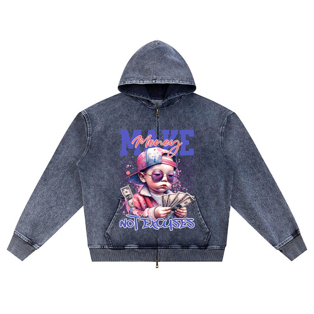 DTG print Knitted Denim Zip-Up Hoodie Make Money Not Execuse Brother Print Zipper Hoodies  