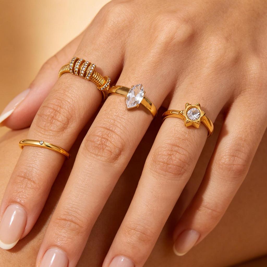 Elegant Titanium Steel 18K Gold Plated Index Ring with Diamonds