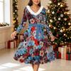 Women Floral Print Midi Dress, Long Sleeve V‑Neck Furry Trim A‑Line Party Dress, Christmas Limited Edition