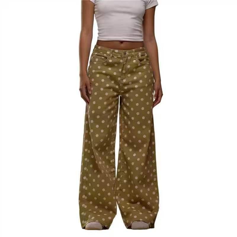 Polka Dot Loose Fit Mid-Rise Straight Leg Denim Jeans Women Comfortable Casual Style