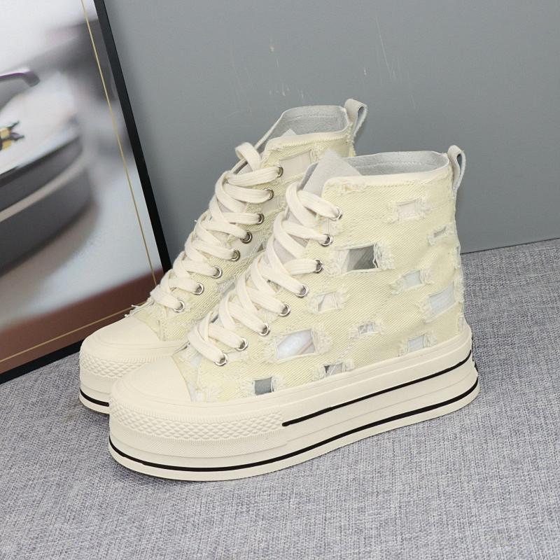 Fashion Women's 10cm Heel Thick Bottom Summer New Breathable Mesh High Top Sneakers Hole Design Lightweight Comfort