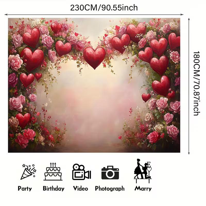 2D Romantic Valentine's Floral and Heart Garland Backdrop Party Photo Background Banner