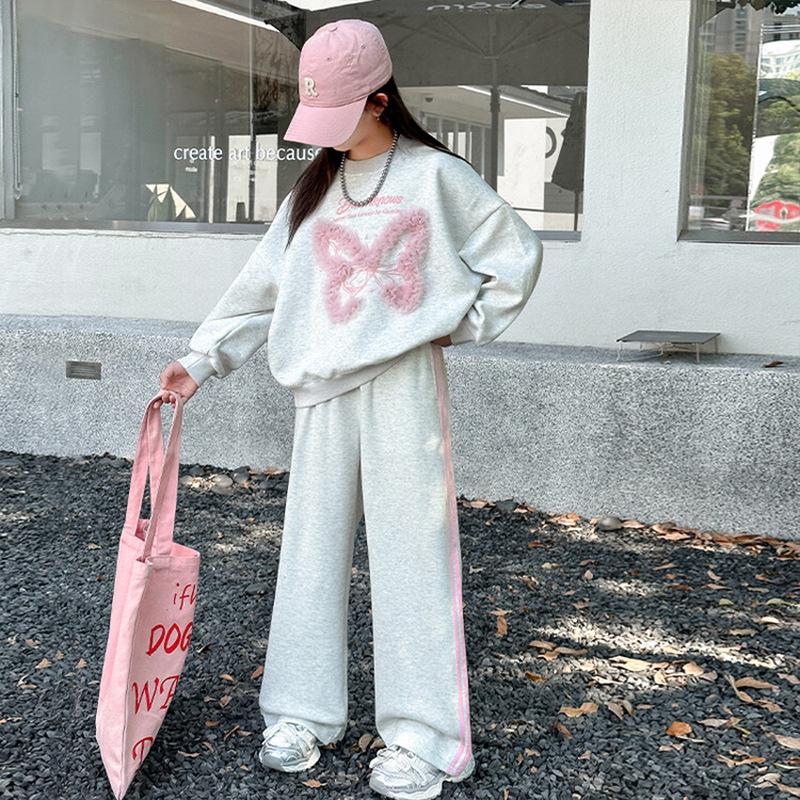 Girls' Spring/Autumn 2025 Sweatshirt & Wide-Leg Sweatpants Set - Stylish Casual Two-Piece for Medium & Large Children