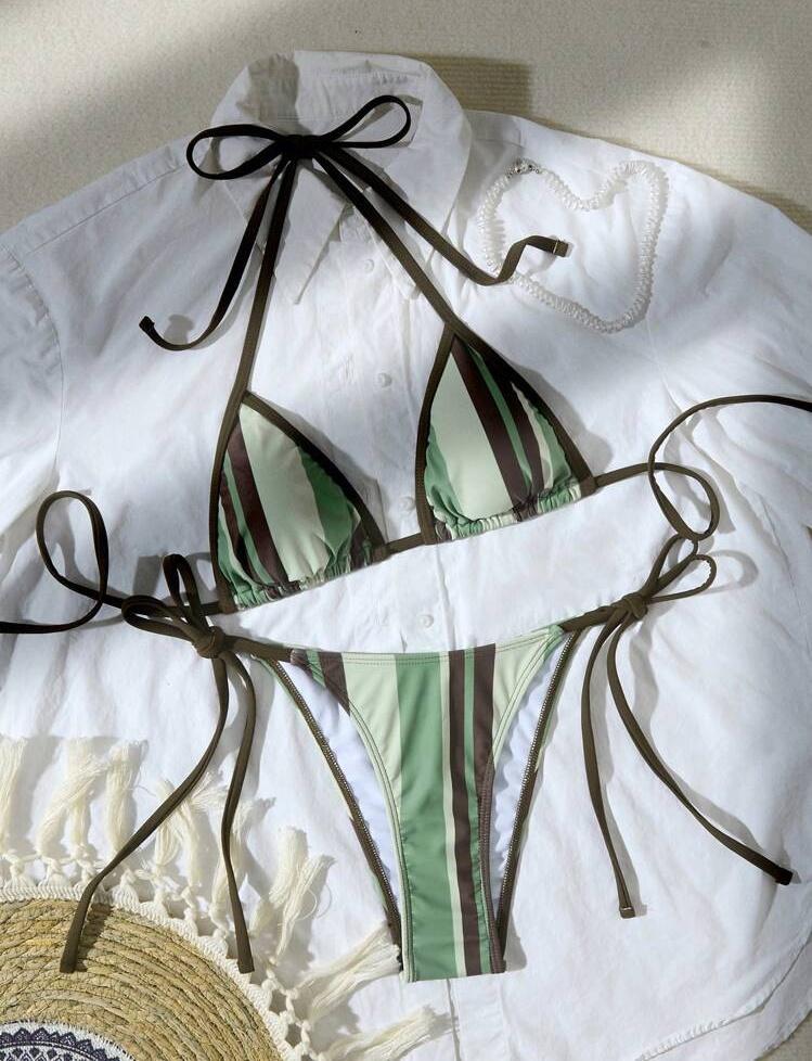 Gestreifter Print Krawatten-Dreieck Sexy geteilter Bikini Badeanzug für Damen