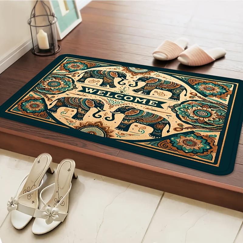 Luxury Flannel Floor Mat Carpet with Thick Sponge Cushion,Non-Slip Washable Vintage Elephant Design for Bedroom Kitchen Bathroom
