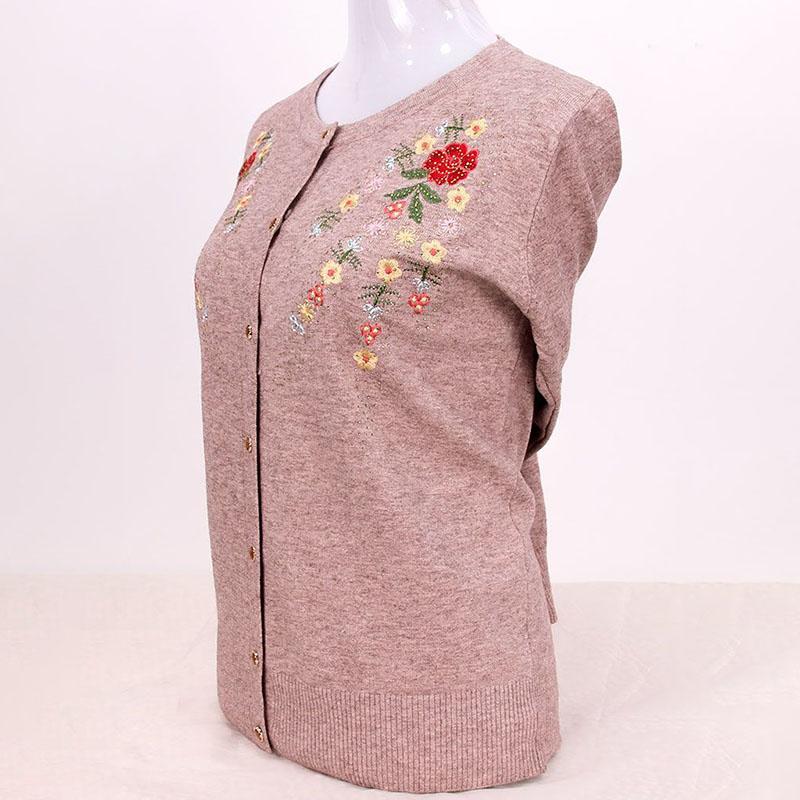 Women's Round Neck Embroidered Knit Cardigan Spring Autumn Rhinestone Loose-Fit Cardigan Sweater