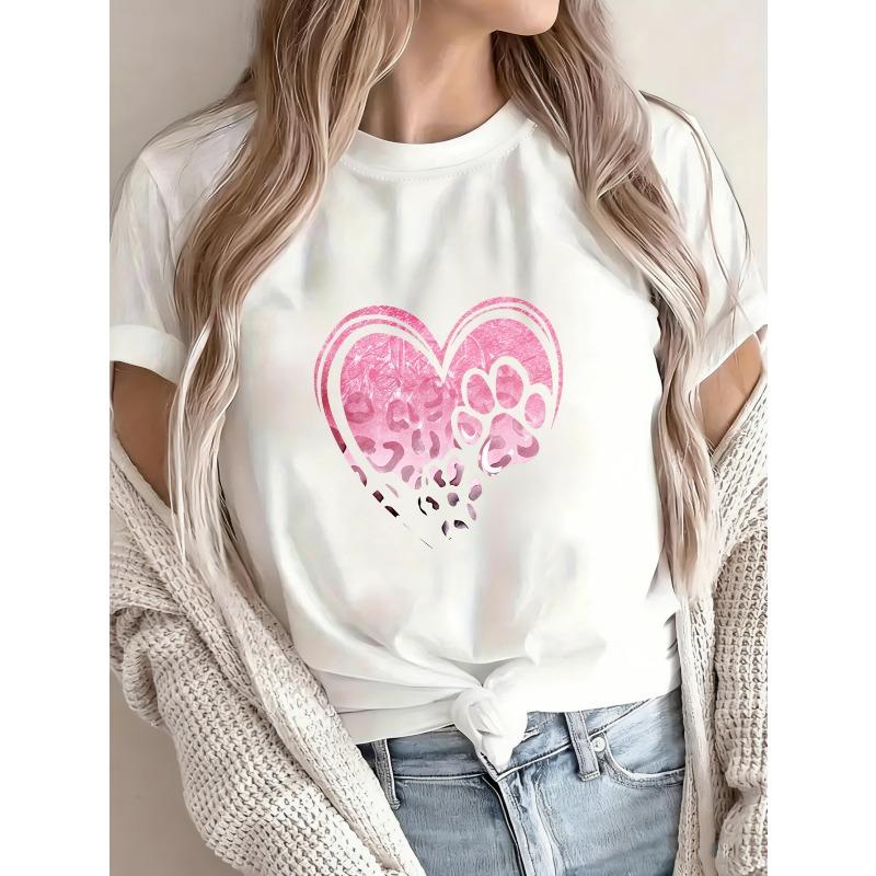 Süßes Herz Pfotenabdruck T-Shirt Weiß Rosa Leopardenmuster Für Freizeitkleidung Und Haustierliebhaber Outfits