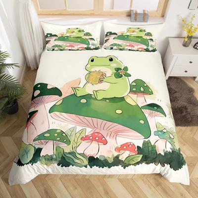 Tecknad Svamp Groda Påslakan Dubbelstorlek, Sött Kawaii Grönt Djur Täcke Örngott Lönnlöv Hasselnötsväxt Quiltöverdrag