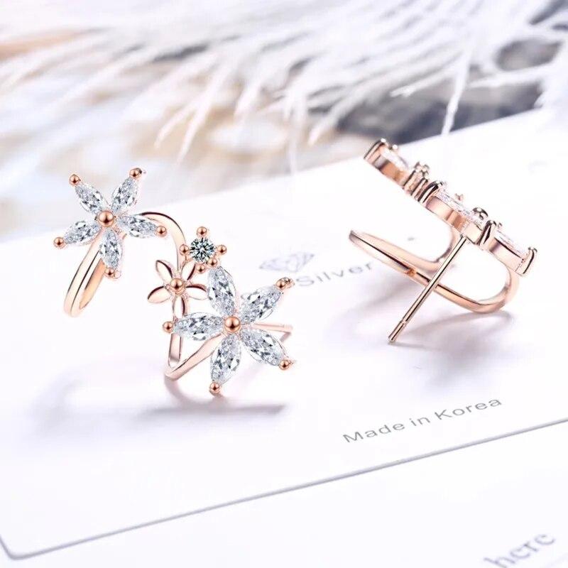 ANENJERY Shiny Earring Flower Curved Clip-on Earrings For Women Crystal Zircon Clip Earrings New Fashion Sweet Jewelry