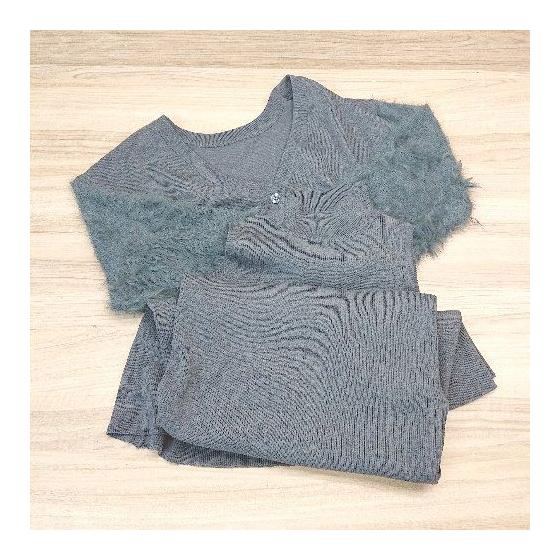 earth musicecology knit fur long length fitted dress cardigan size F gray ladies E [Used]