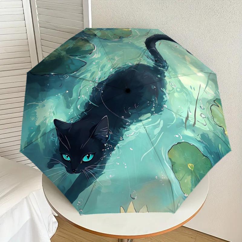 

1pc Black Cat in Lotus Pond Umbrella with Plastic Handle,Suitable for All Seasons Home Travel Outdoor UmbrellaDD196