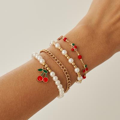 Sweet And Cool Wind Dripping Oil Cherry Fruit Bracelet Set, Simple Imitation Pearl Beaded Chain Jewelry