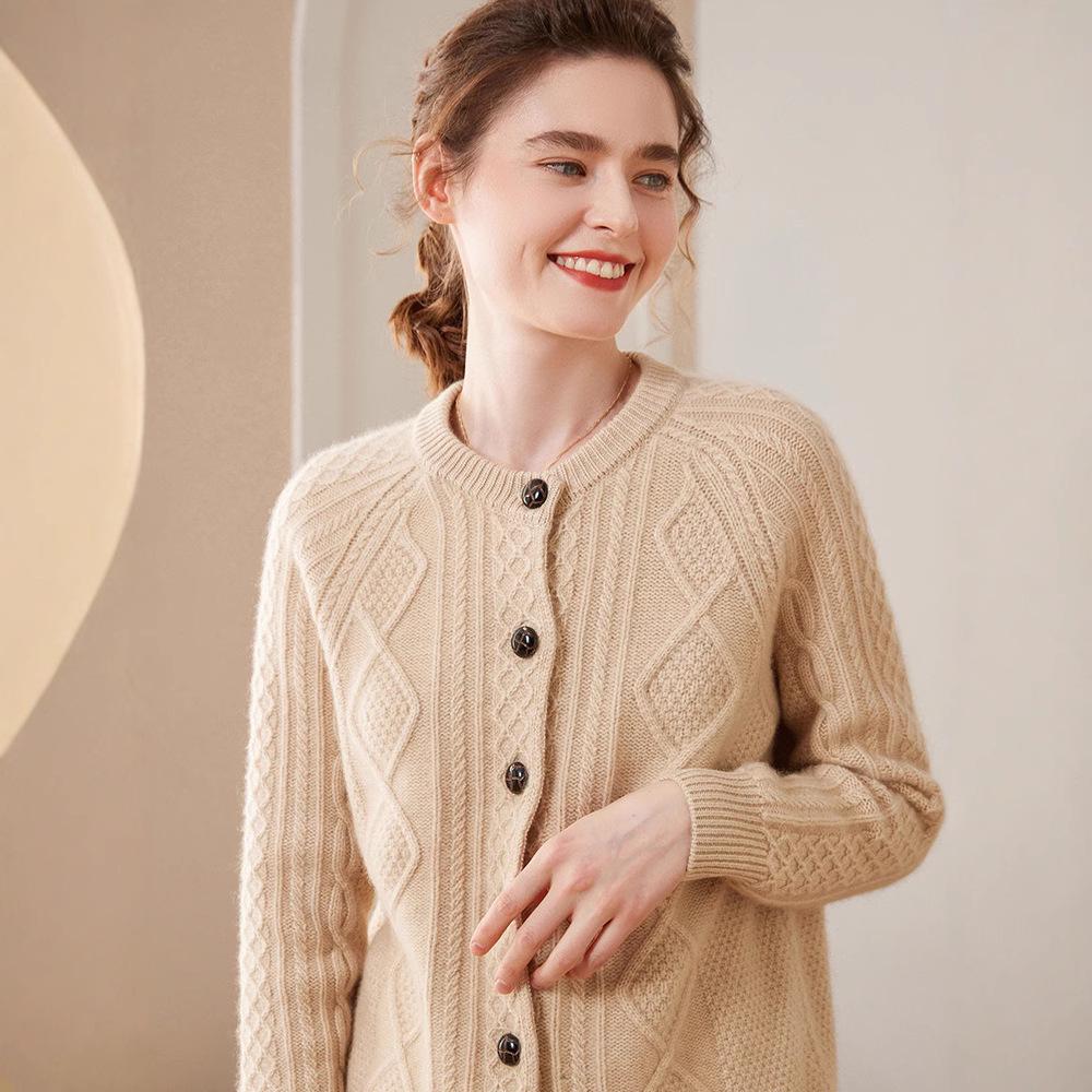 Early Autumn Women's Cashmere Knit Cardigan - Long Sleeve, Thick, Comfortable, Soft, Skin-Friendly Cable Design.