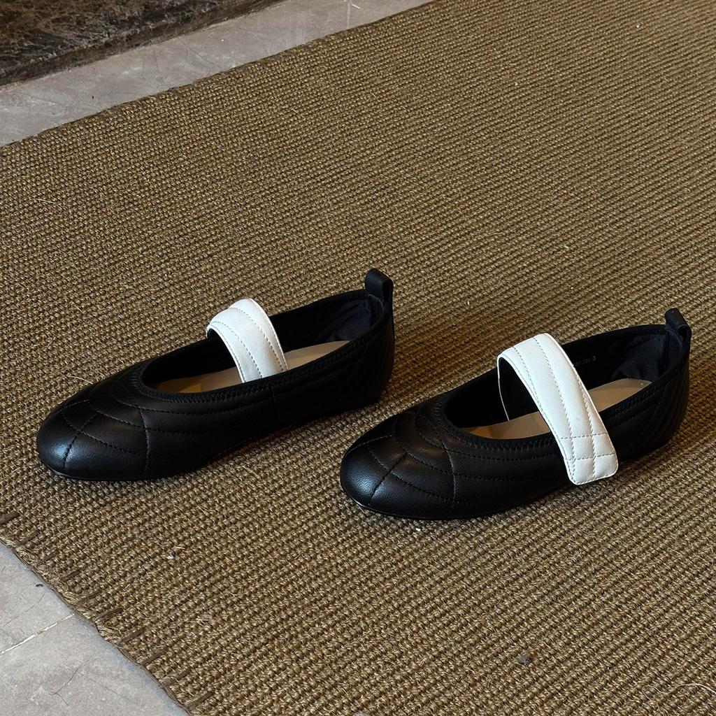 Schafsleder Koreanische Version von Retro-Farbblock Mary Janes Damenklettverschluss Leichtmündige Einzelne Schuhe Sanfte runde Spitze Flache Ballerinas