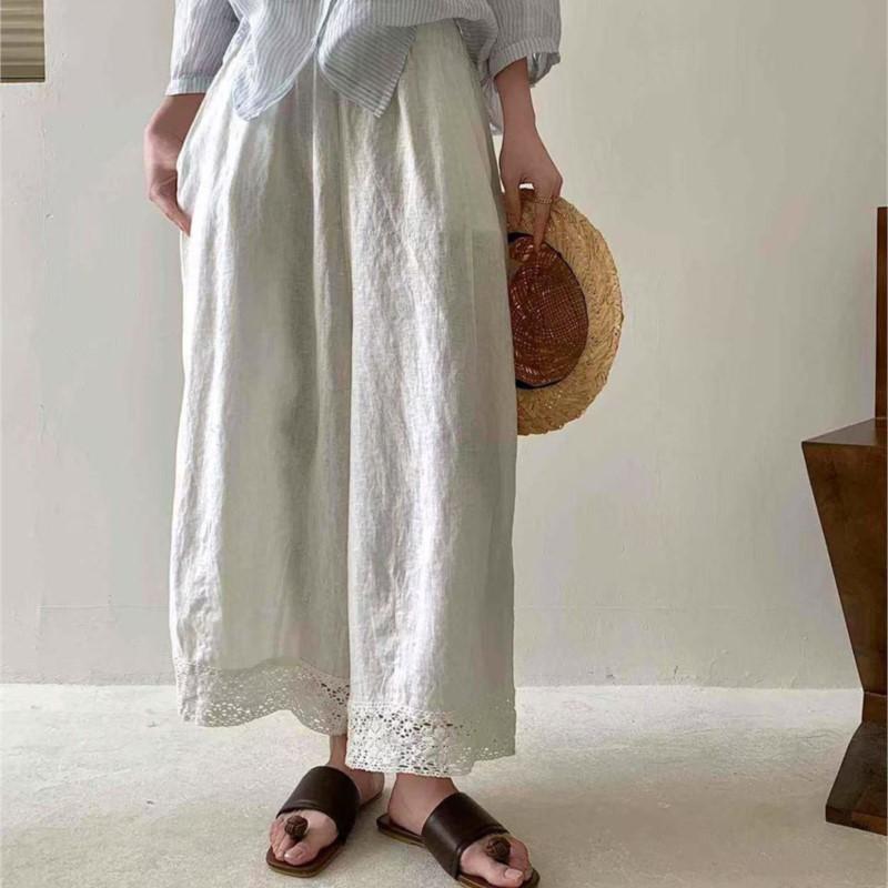 Johnature Japońskie Spodnie Patchworkowe z Koronki Vintage Kobiety Casual Proste Luźne Spodnie Lato