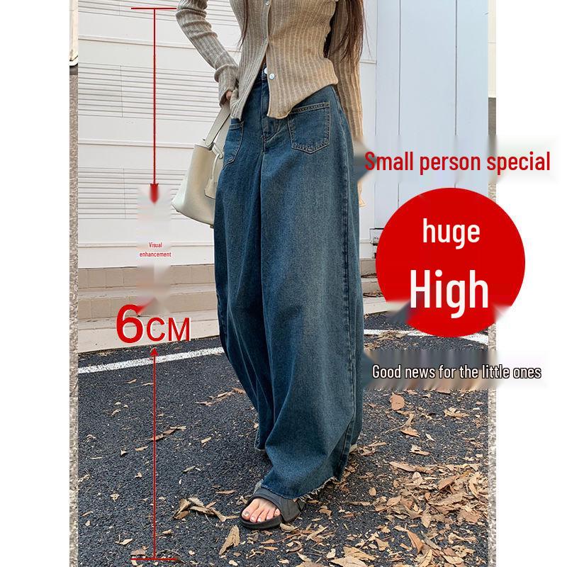 Hong Kong Style Retro Raw Edge High Waist Wide Leg Jeans for Petite Women