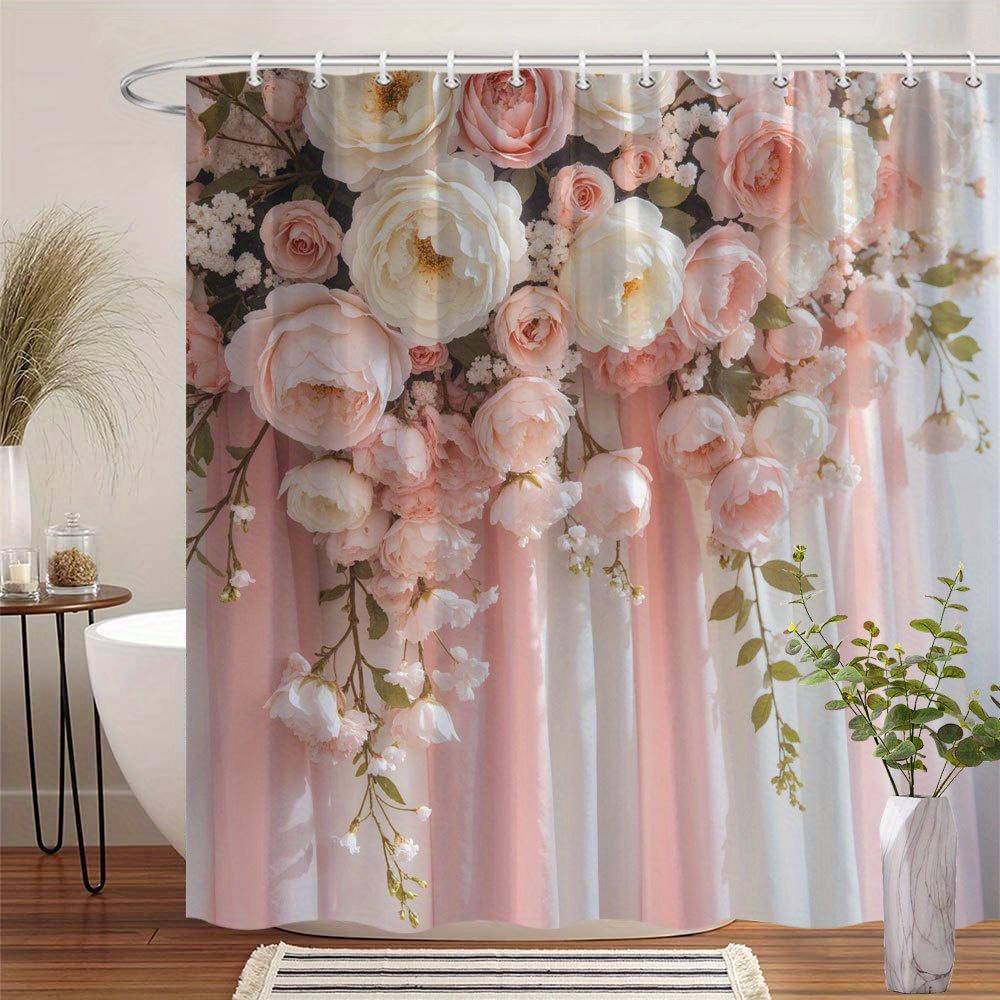 1pc Romantic Pink Peonies Floral Bath Curtain - Elegant Dreamy Design with Soft Pastel Background, Premium Polyester Fabric