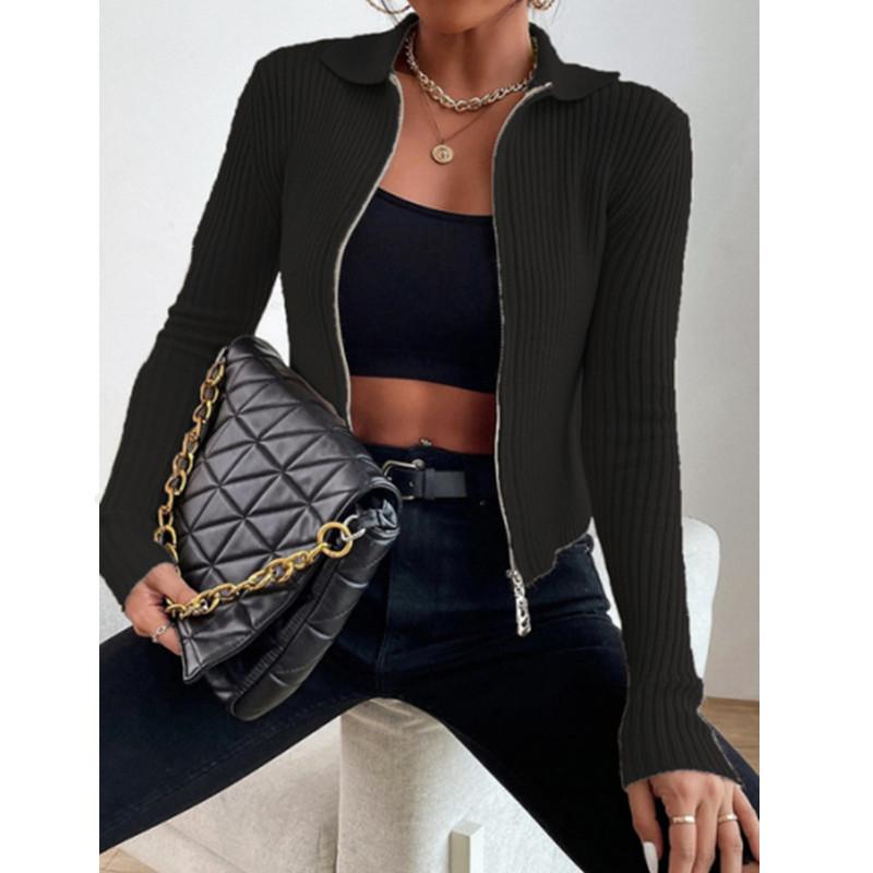 

Ребристый вязаный кардиган с двойной молнией, женский укороченный кардиган, плотный сексуальный свитер с лацканами и длинными рукавами, осенне-зимний свитер, топ M чёрный