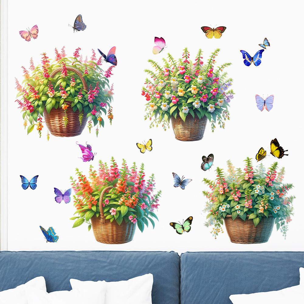 Flower Basket Butterfly Rose Peony Decals Self-adhesive Waterproof Wall Sticker