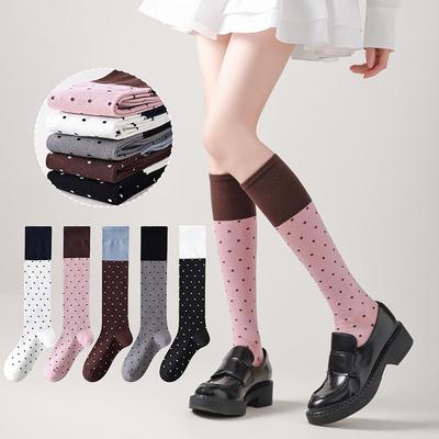 Women Soft Cotton Polka Dot Long Socks Color Blocking Knee Length Stockings Sweet Korean Girl Harajuku College Pile Socks