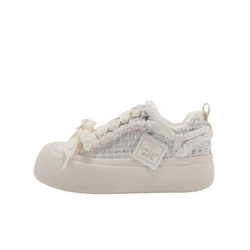 Mode Plateau Lässige Schuhe Damen Herbst Winter Neu Schnürschuhe Plüsch Damen Schuhe Runde Zehen Vintage Vulkanisiertes Schuhwerk INS Heißer Verkauf