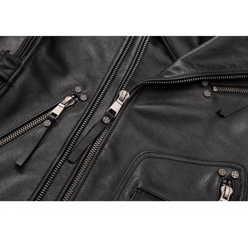 Chinese Size Motorcycle Cowhide Genuine Leather Jacket Men Slim Stone Milled Retro Jacket Calfskin Coat Men Moto Biker Riding Clothes