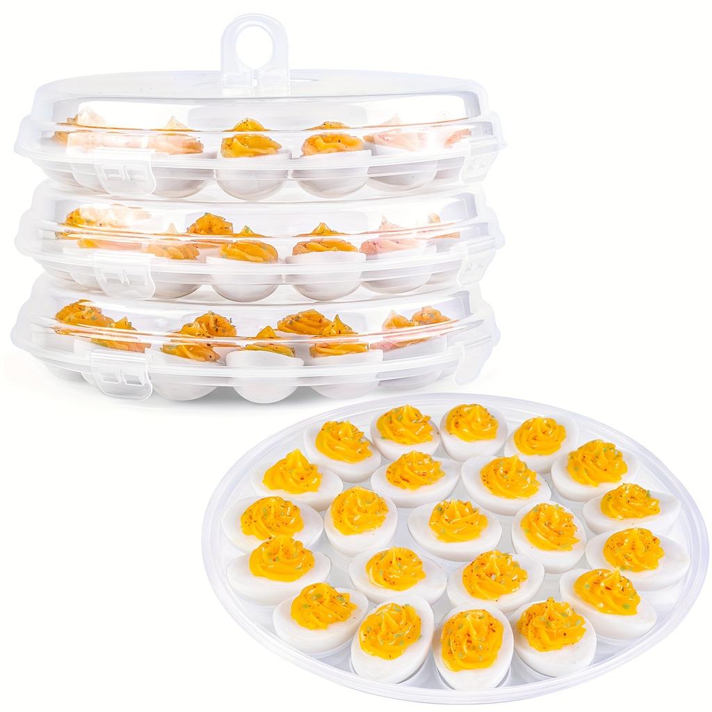3 lidded deviled egg trays with 66 slots total, portable egg carriers ideal for parties, kitchen use, camping and outdoor trips.