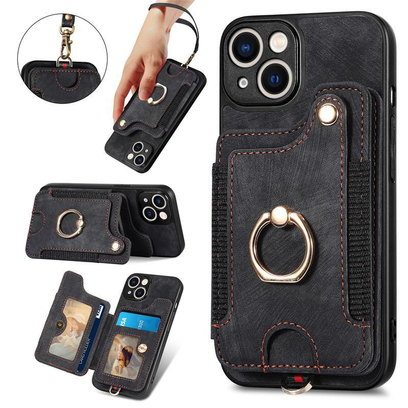 Luxury Retro PU Leather Phone Case With Magnetic Wallet Card Slot Ring Holder Phone Cover for iPhone 15 14 13 Pro Max