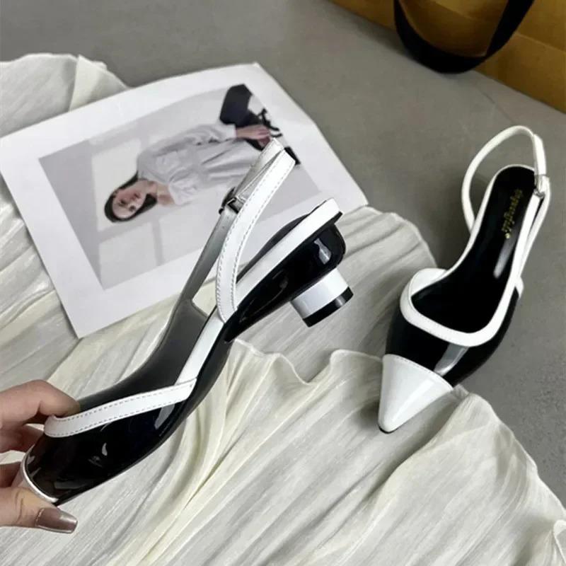 Designer Schwarz Weiß Farbe Niedrige Absatz Sandalen Damen Sexy Spitze Zehen Riemchen Keilabsatz Hohe Absätze Damen Elegante Absätze