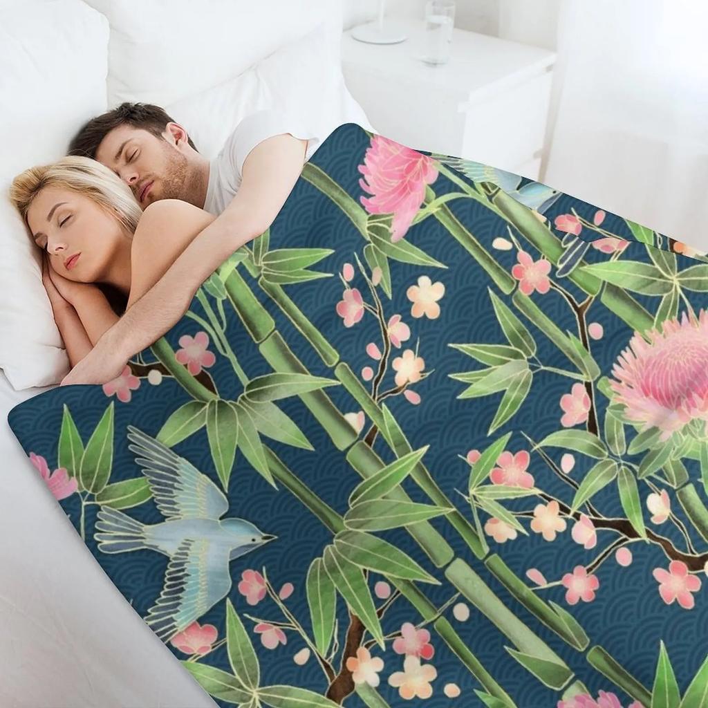 Bamboo, Birds And Blossom - Dark Teal Throw Blanket Stylish Couch Blanket For Home Living Room
