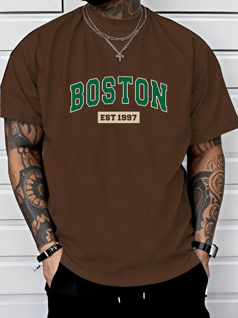 Simple and Fresh Letter Pattern 3D Printed T-shirt for Summer Outdoor Casual Short Sleeved Top, Soft and Comfortable Men's O-neck Clothing