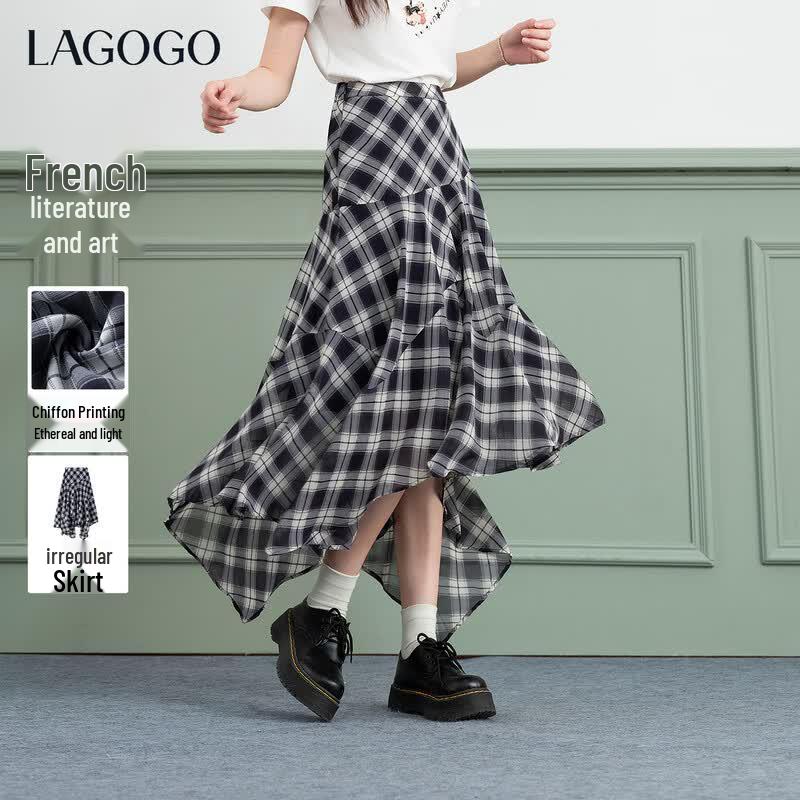 LAGOGO Women s Gingham A-Line Chiffon Skirt S
