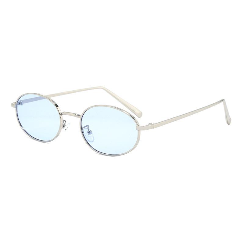 Retro Geometric Oval Sunglasses With Metal Frame And Gray Lenses For Summer Wear SilverFrameBlue