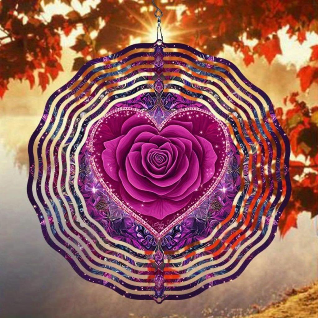 Elegant 2D Mandala Wind Chime - Romantic Pink Rose Metal Design, Outdoor Garden Decor with Soothing Wind-Powered Chimes for Patio