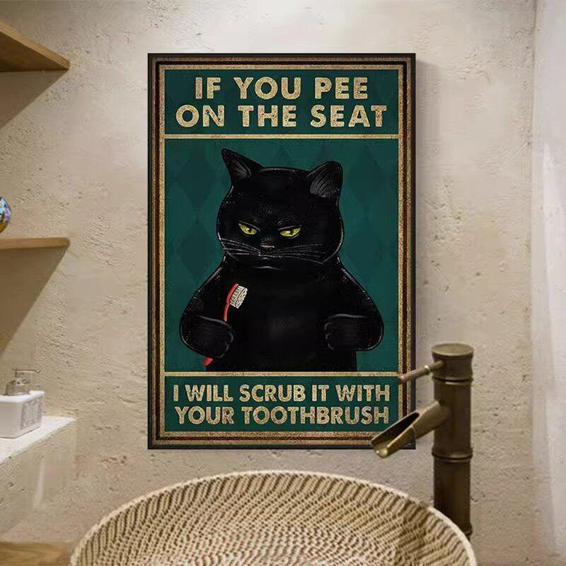 Retro Kitten Cartoon Canvas Painting Bathroom Toilet Poster Toilet Children's Room Decoration Painting for Modern Living Room Asian Style Home Decor