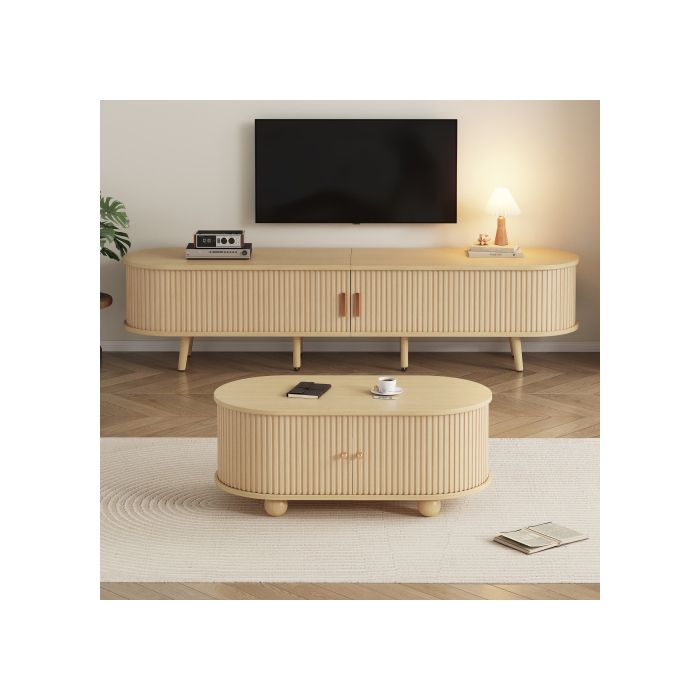 Armoire TV de salon avec espace de rangement + combinaison de tables basses, combinaison ovale dans la couleur du bois d'origine,MDF