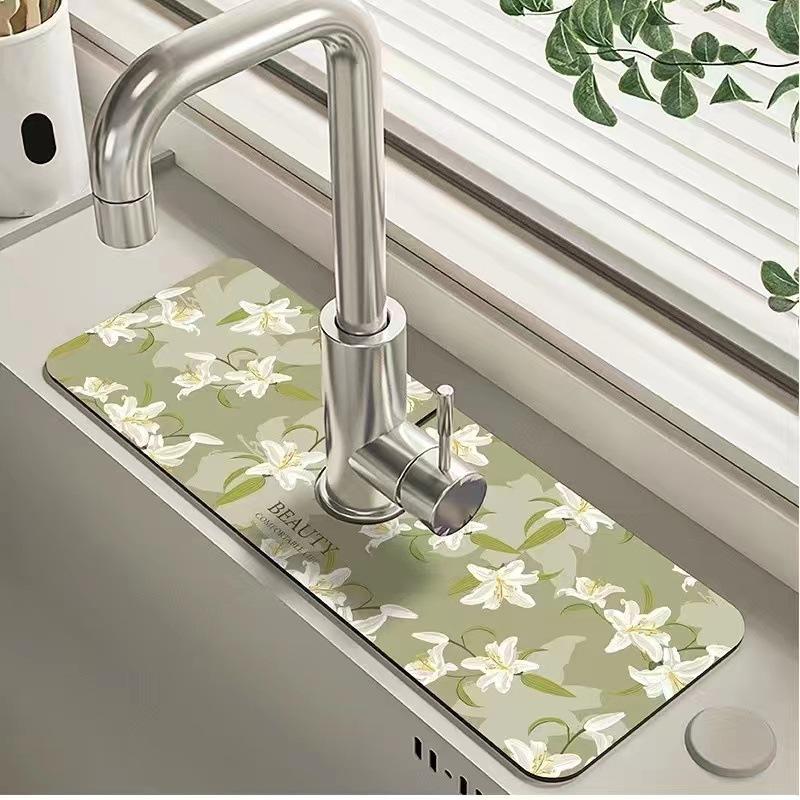 1 Stück saugfähige Matte für Waschbecken mit Blumenmuster, Drainage-Pad, Küchenspüle, Arbeitsplatten-Abfluss-Pad, Kieselgur-Schlammwaschbecken, zuschneidbares, schnell trocknendes Pad