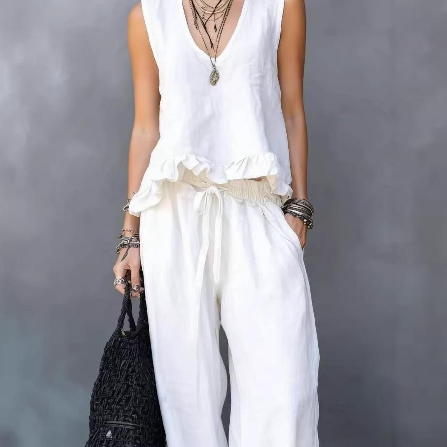 2026 Women s V-Neck Sleeveless Ruffle Dark Gray Casual Set Large белый