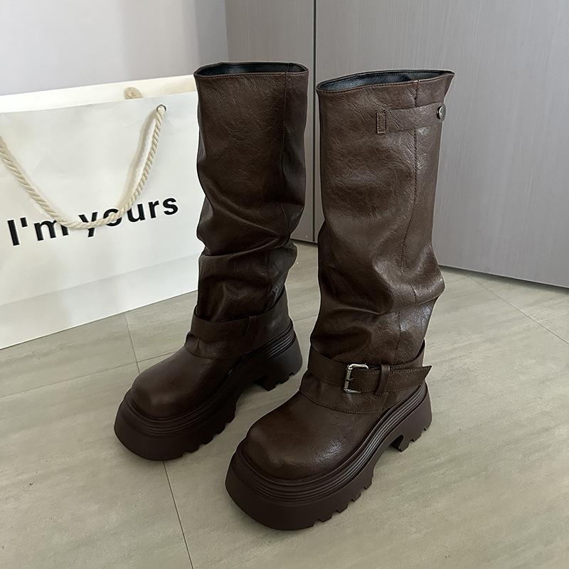 Fashion retro British style thick heel platform boots women's 2025 autumn and winter new simple and versatile height-increasing fashion boots