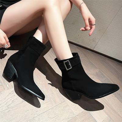 Mode Nieuwe Herfst Winter Dames Westerse Cowgirl Chelsea Boots Gesp Instappers Europese Kozakken Dames schoenen Velours Hoge Hakken Enkellaarsjes
