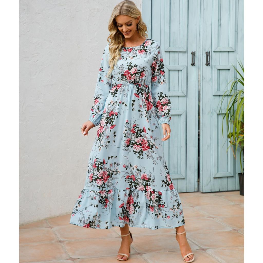 Women's Fashion Summer Spring Floral Print Long Sleeve O-Neck High Waist Casual Dresses