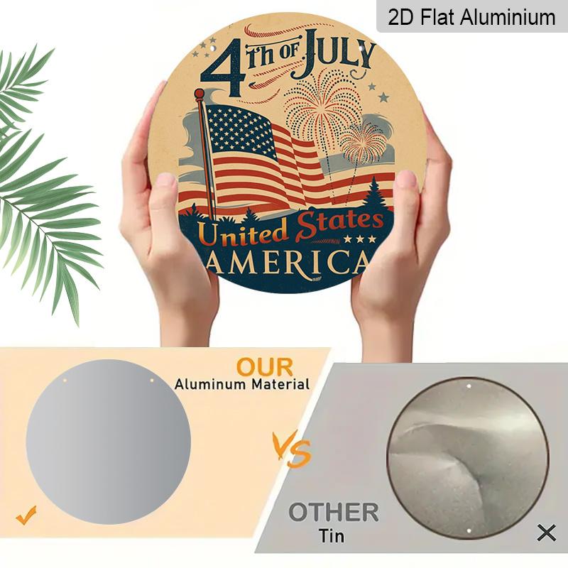 2D Flat 1pc, 8x8 In, Independence Day Celebration Themed Round Aluminum Metal Sign; Front Door Porch, Living Room, Bedroom Home Decor, Country Style