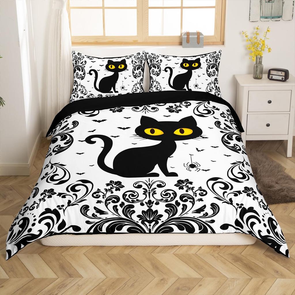 Black White Spider Web Duvet Cover Queen Halloween Gothic Bedding Set for Boys Adults Room Decor Hippie Floral Comforter Cover