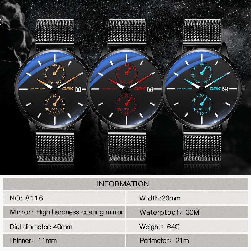 OPK 8116 Fashion Original Quartz Watch for Man Waterproof Luminous Steel Mesh Strap Date Week Man Wristwatch