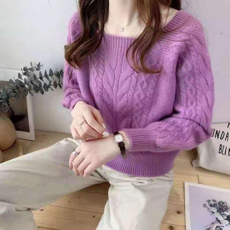 Korean Style Loose Square Neck Sweater - Women's Thick Cable Knit Waist-Slimming Top for Autumn/Winter